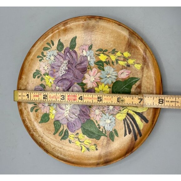 Vtg Hand Painted Floral Wooden Wall Plate Decorative 8"‎ Purple - Picture 4 of 4